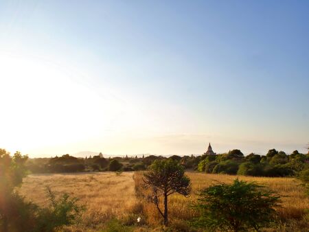 The golden and clear blue sky over the landscape of Bagna, Myanmarのeditorial素材