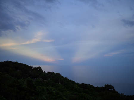 The evening sun set light from the bird eye view of Koh Tao, Thailandの写真素材