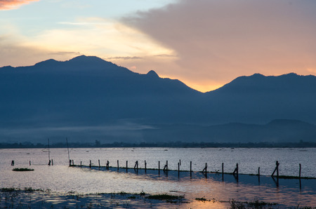 An evening scene at Kwan Phayao (Phayao lake) , Phayao, Thailandの写真素材