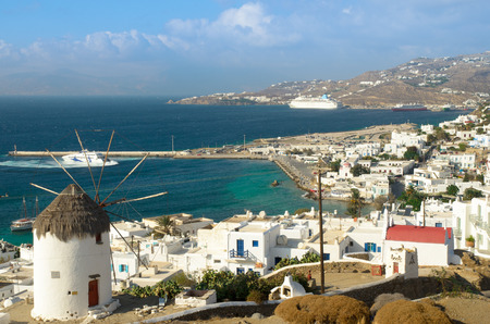 Top view of Mykonos island with Aegeon sea and blue skyの写真素材