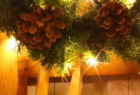 An image showing the concept of Christmas with lights, garland and pinesの写真素材