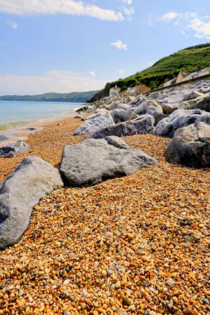 A scenic view of the pebbled and rocky beach at Beesandsの写真素材