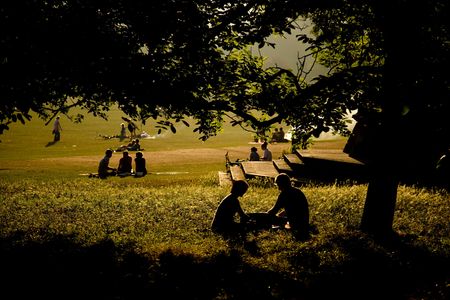 people having a picnic in the summerの写真素材