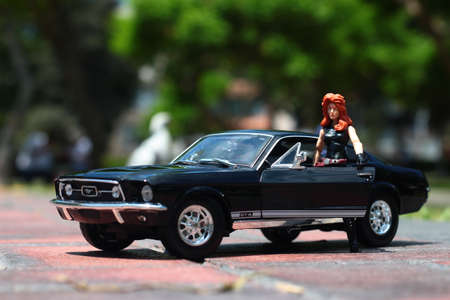 ford mustang 1967 classic black shiny chrome on sunny day auto to scaleのeditorial素材