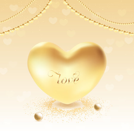 3D Golden Heart Illustration, Vector Illustrationのイラスト素材