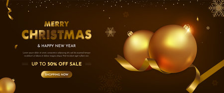 Christmas Sale Banner with Realistic Christmas Decoration, Vector Illustrationのイラスト素材