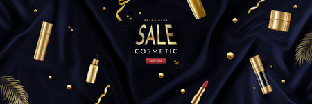 Sale Banner with Beauty Products on Silk Background, Vector Illustrationのイラスト素材