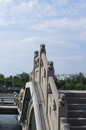 close up of bridge with stone lion railingの写真素材