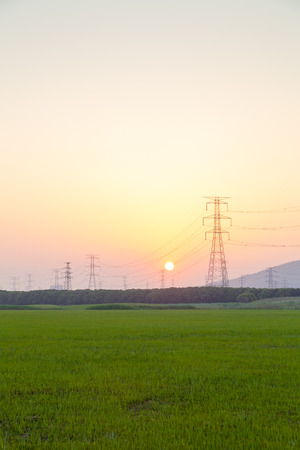 Sunset, electrical towers, wires, nergy Distribution Network - Electricity Pylons against Orange and Yellow Sunsetの写真素材