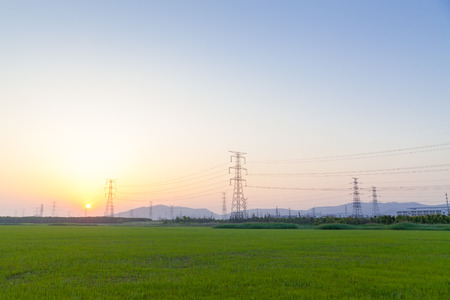 high voltage post, High-voltage tower sky background, evening, sunset, sunsetの写真素材