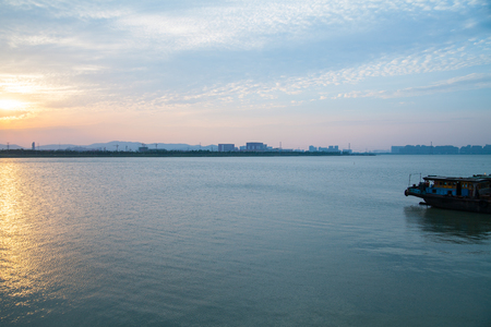 Landscape view of a boat in the lakeの写真素材