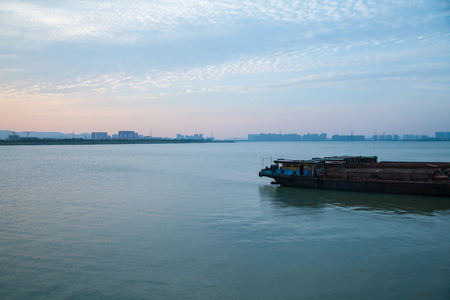 Landscape view of a boat in the lakeの写真素材
