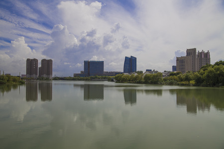 Lake and buildings scenery at Suzhouのeditorial素材