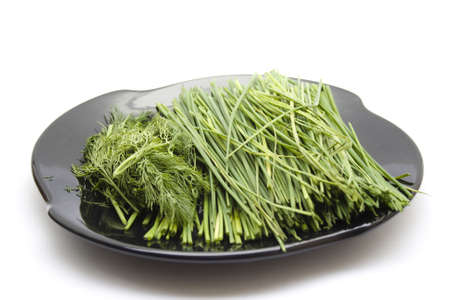 Fresh Chives and Dill  on Black  plateの写真素材