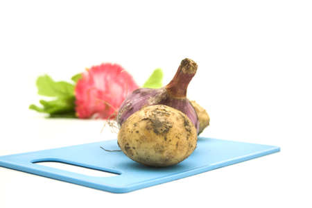 Potato with Onion on blue Underlayment の写真素材