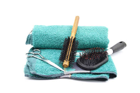 Haircomb with Scissors on Towel の写真素材