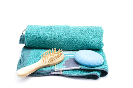 Green Towel with Soap and Massagebrush の写真素材