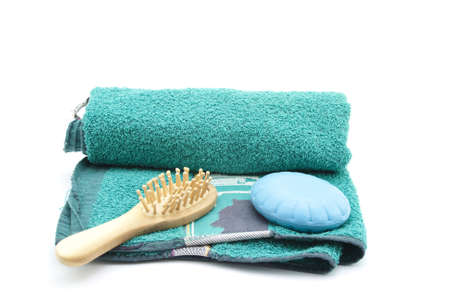 Green Towel with Soap and Massagebrush の写真素材