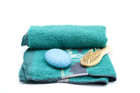 Green Towel with Soap and Massagebrush の写真素材