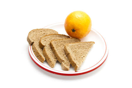 Plastic Tangerine  with Bread on Plastic Plate の写真素材