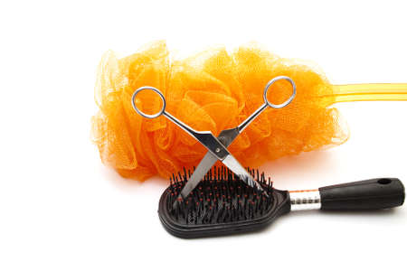 Hairbrush with Scissors and Netsponge の写真素材