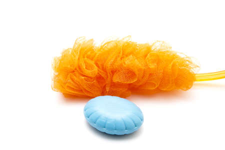 Netsponge with blue soapの写真素材