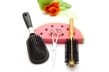 Hairbrush with Scissors and Bathsponge の写真素材