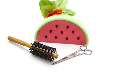 Hairbrush with Scissors and Bathsponge の写真素材