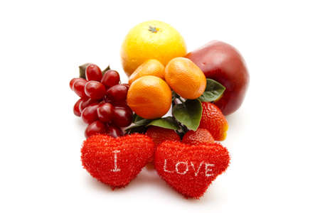Plastic Fruits with Red Hearts の写真素材