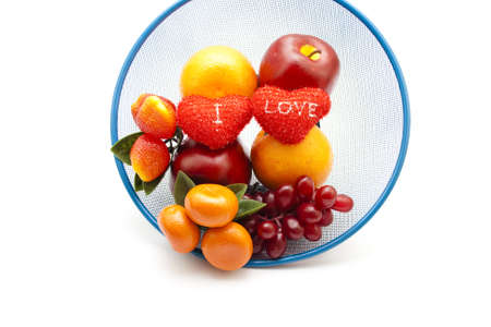 Plastic Fruits with Red Hearts の写真素材