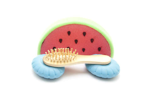 Bathsponge with Blue Soap and Massagebrush の写真素材