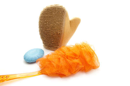 Massage glove with Net Sponge and blue soap の写真素材