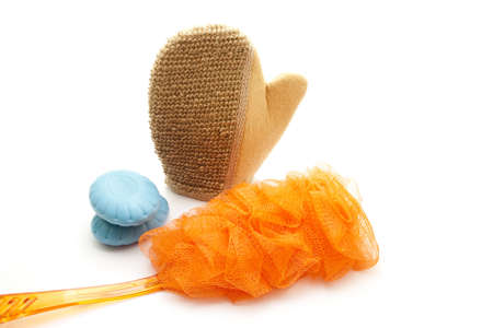 Massage glove with Net Sponge and blue soap の写真素材