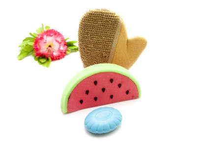 Bath Sponge with Massage glove and blue soapの写真素材