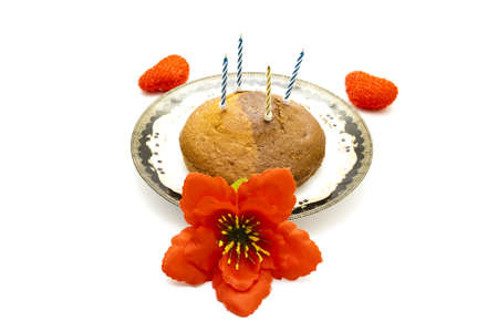 Marble Cake with Candles and red flowerの写真素材