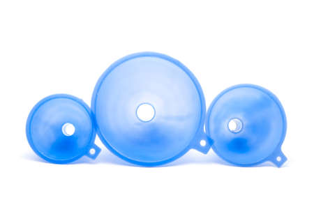 Blue Plastic Funnel on white background の写真素材