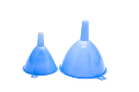 Blue Plastic Funnel on white background の写真素材