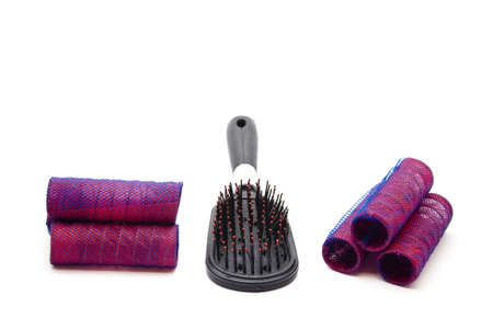 Red hair Curler with hairbrush の写真素材
