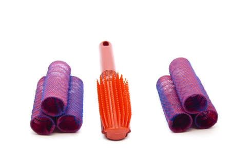 Red hair Curler with hairbrush の写真素材