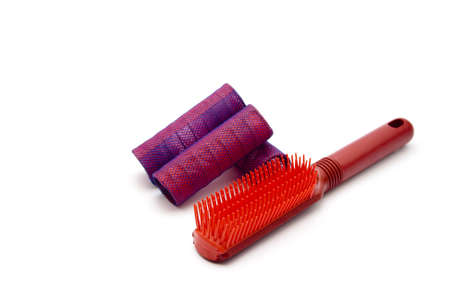 Red hair Curler with hairbrush の写真素材