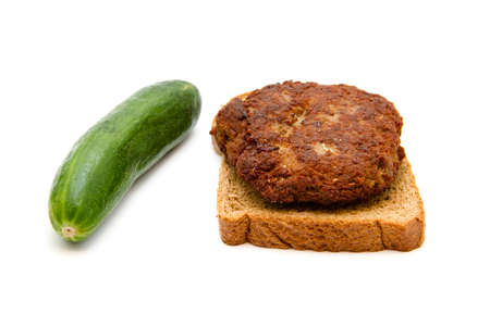 Fresh Toast Bread with Frikadeller and Cucumber on white background の写真素材