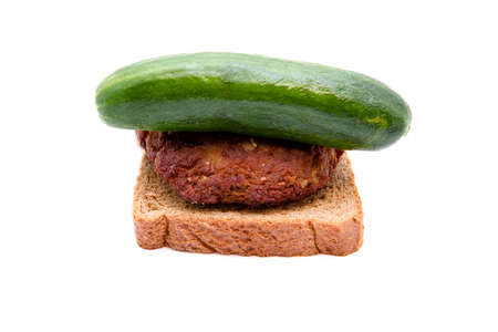 Fresh Toast Bread with Frikadeller and Cucumber on white background の写真素材
