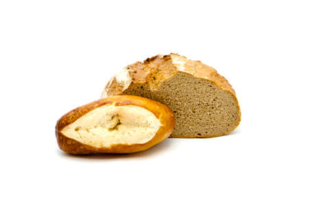 Fresh baked Brown Bread with lye Bread Roll on white backgroundの写真素材