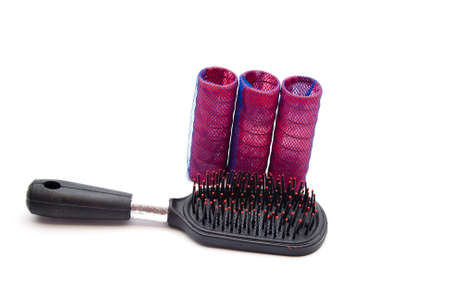 Hair Curler with hairbrush on white backgroundの写真素材