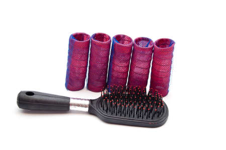 Hair Curler with hairbrush on white backgroundの写真素材