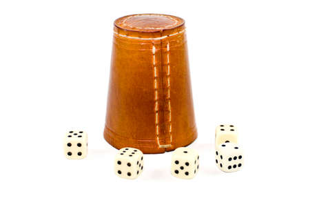 Brown Leather Dice Cup  with Playing Cubes の写真素材
