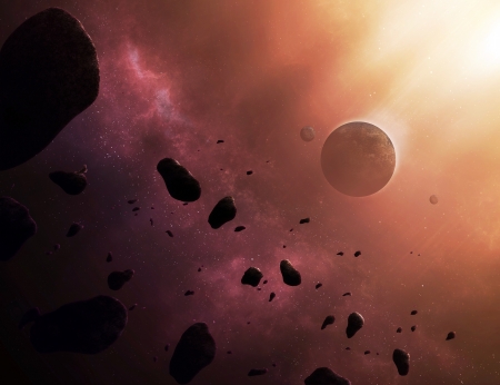 Beautiful space scene with asteroids and a planet in the cosmos.の写真素材