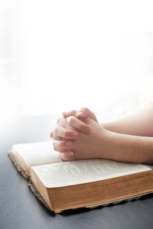 Woman praying on over a Bible on a white background.の写真素材