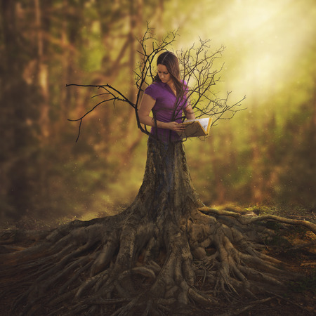 A woman reading a book and turning into a tree.の写真素材