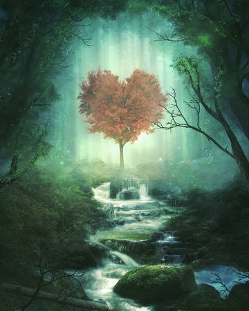 A single heart tree in the middle of the forestの写真素材